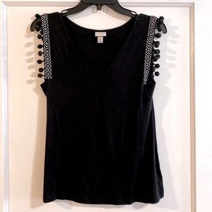 a new day Black V-Neck Tank with Pom-Trimmed Geometric Straps